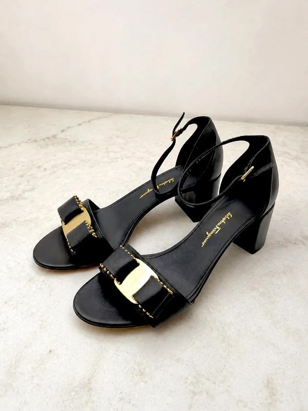 FERRAGAMO GAVINA VARA BOW CALFSKIN LEATHER BLOCK HEEL SANDALS