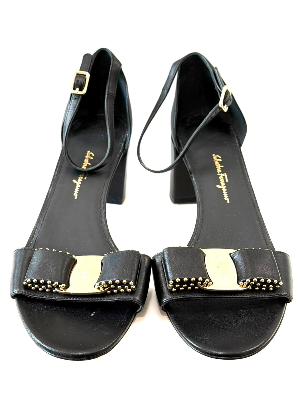 FERRAGAMO GAVINA VARA BOW CALFSKIN LEATHER BLOCK HEEL SANDALS