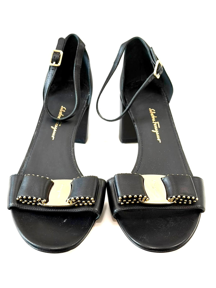 FERRAGAMO GAVINA VARA BOW CALFSKIN LEATHER BLOCK HEEL SANDALS