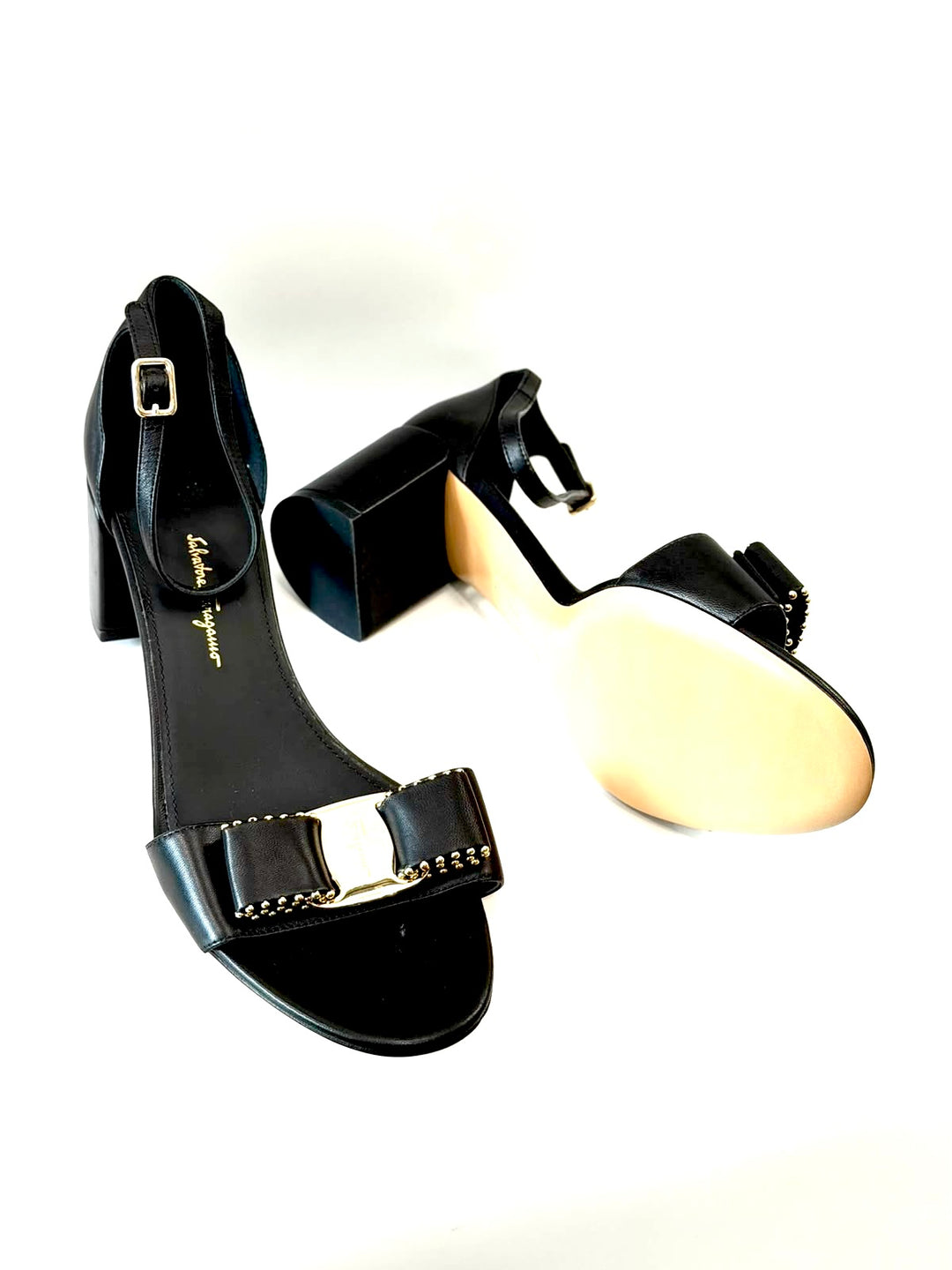 FERRAGAMO GAVINA VARA BOW CALFSKIN LEATHER BLOCK HEEL SANDALS