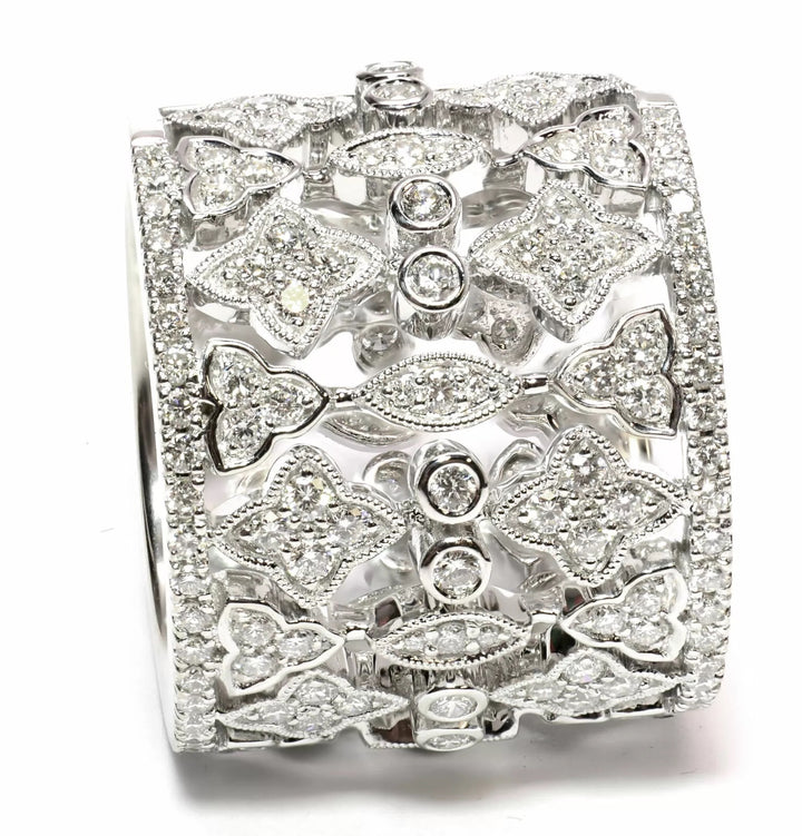 FILIGREE SCROLLWORK 18K WHITE GOLD DIAMOND RING