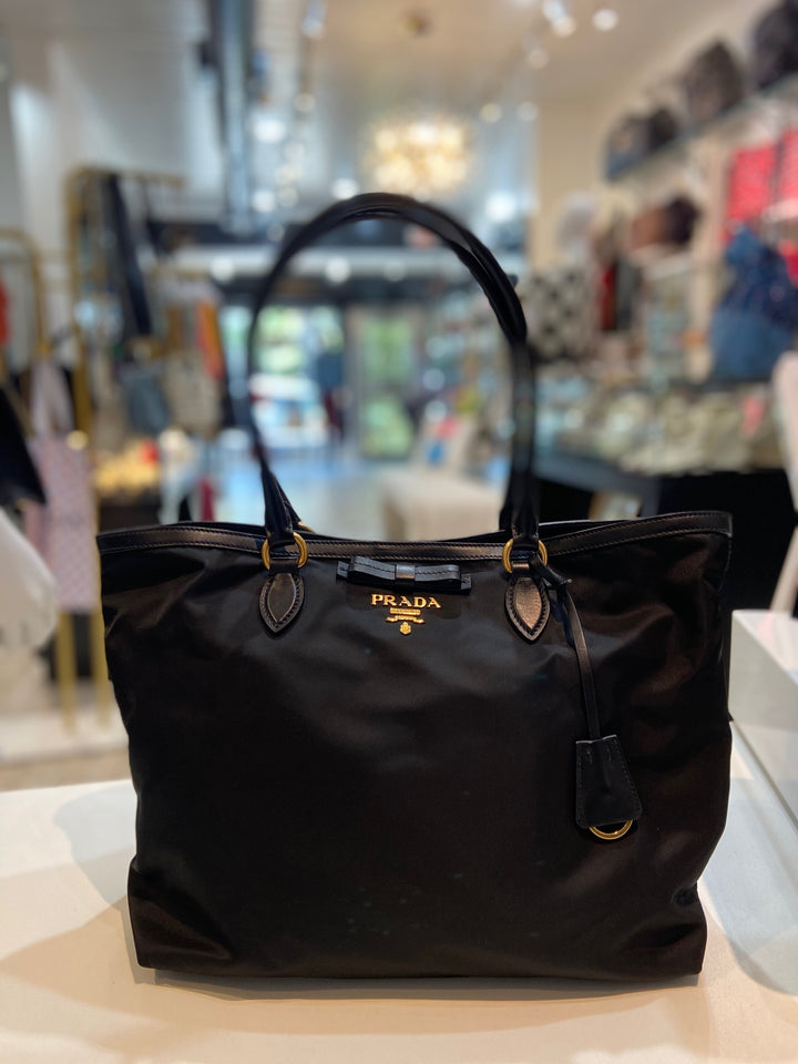 PRADA TESSUTO NYLON &amp; CALFSKIN LEATHER SHOPPING TOTE BAG