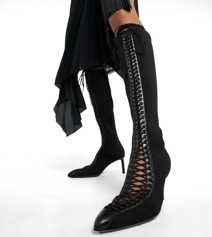 GIVENCHY STRETCH LEATHER TRIM KNEE HIGH BOOTS