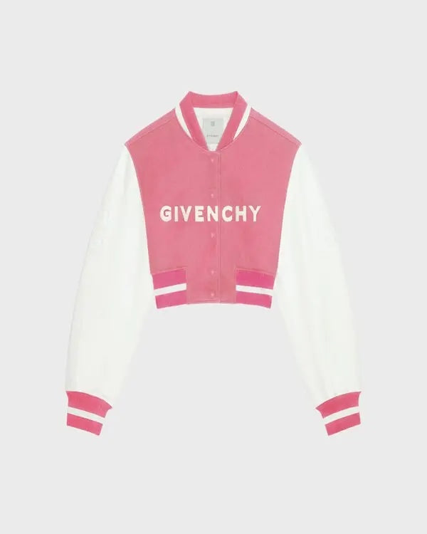 GIVENVHY WOOL &amp; CALFSKIN LEATHER CROPPED VARSITY JACKET