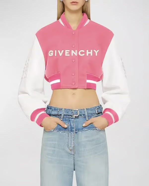 GIVENVHY WOOL &amp; CALFSKIN LEATHER CROPPED VARSITY JACKET