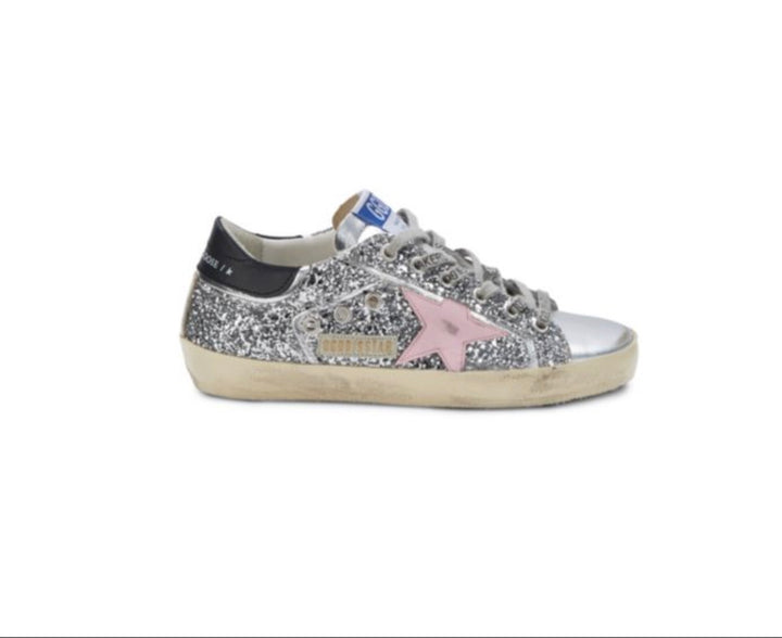 GOLDEN GOOSE SUPER STAR GLITTER DISTRESSED LEATHER SNEAKERS