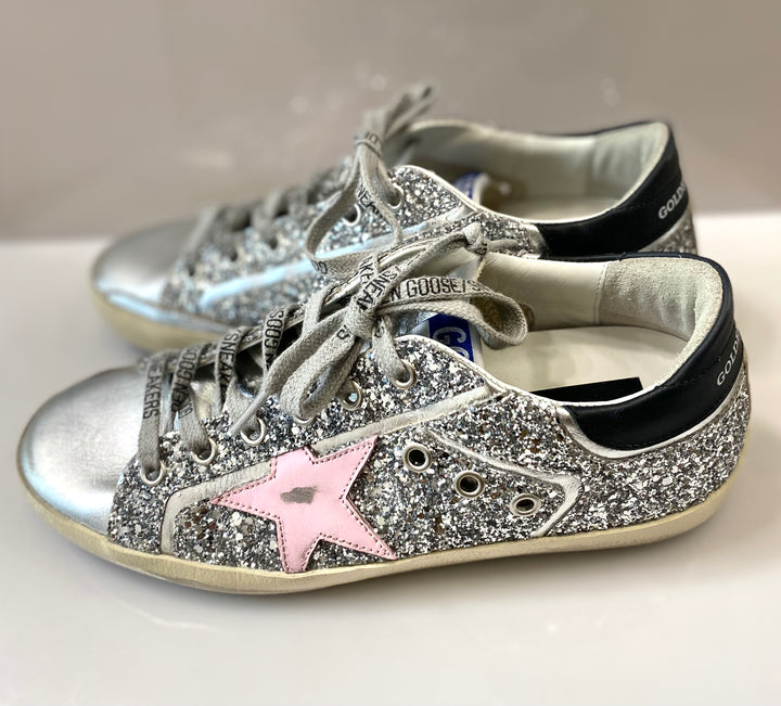 GOLDEN GOOSE SUPER STAR GLITTER DISTRESSED LEATHER SNEAKERS