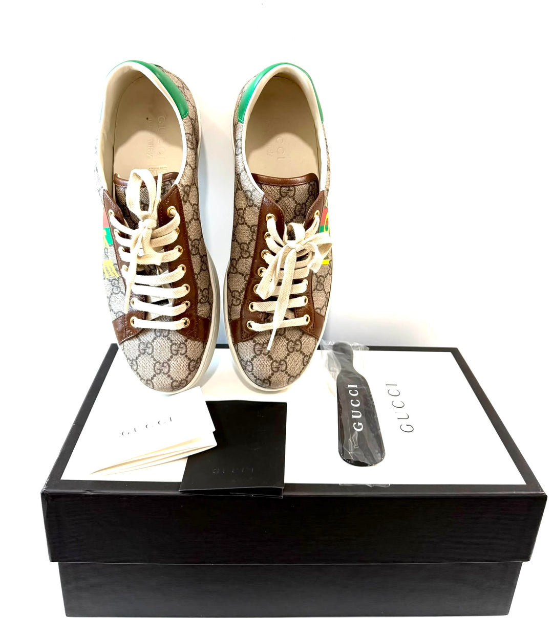 GUCCI ACE GG MONOGRAM FAKE/NOT CANVAS &amp; LEATHER SNEAKERS