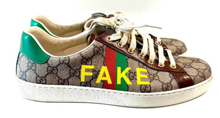 GUCCI ACE GG MONOGRAM FAKE/NOT CANVAS &amp; LEATHER SNEAKERS