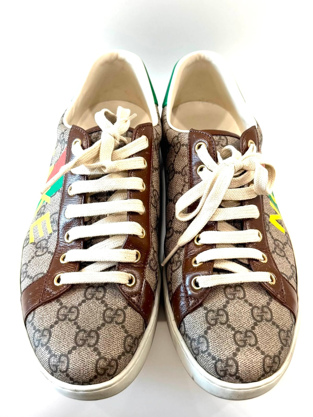 GUCCI ACE GG MONOGRAM FAKE/NOT CANVAS &amp; LEATHER SNEAKERS