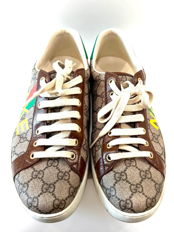 GUCCI ACE GG MONOGRAM FAKE/NOT CANVAS &amp; LEATHER SNEAKERS