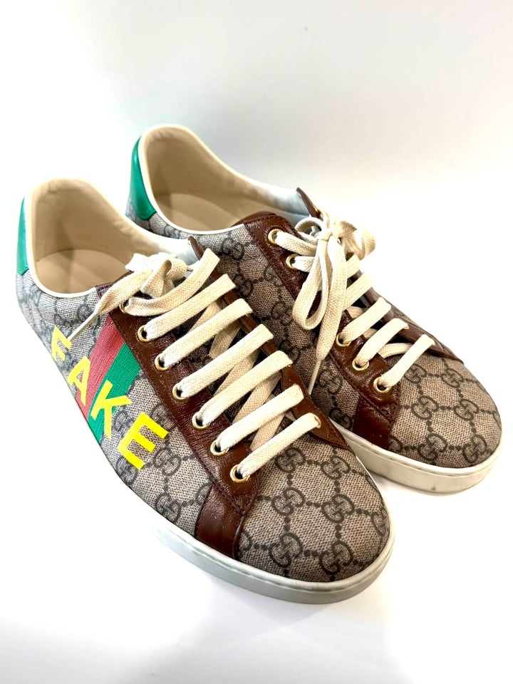 GUCCI ACE GG MONOGRAM FAKE/NOT CANVAS &amp; LEATHER SNEAKERS