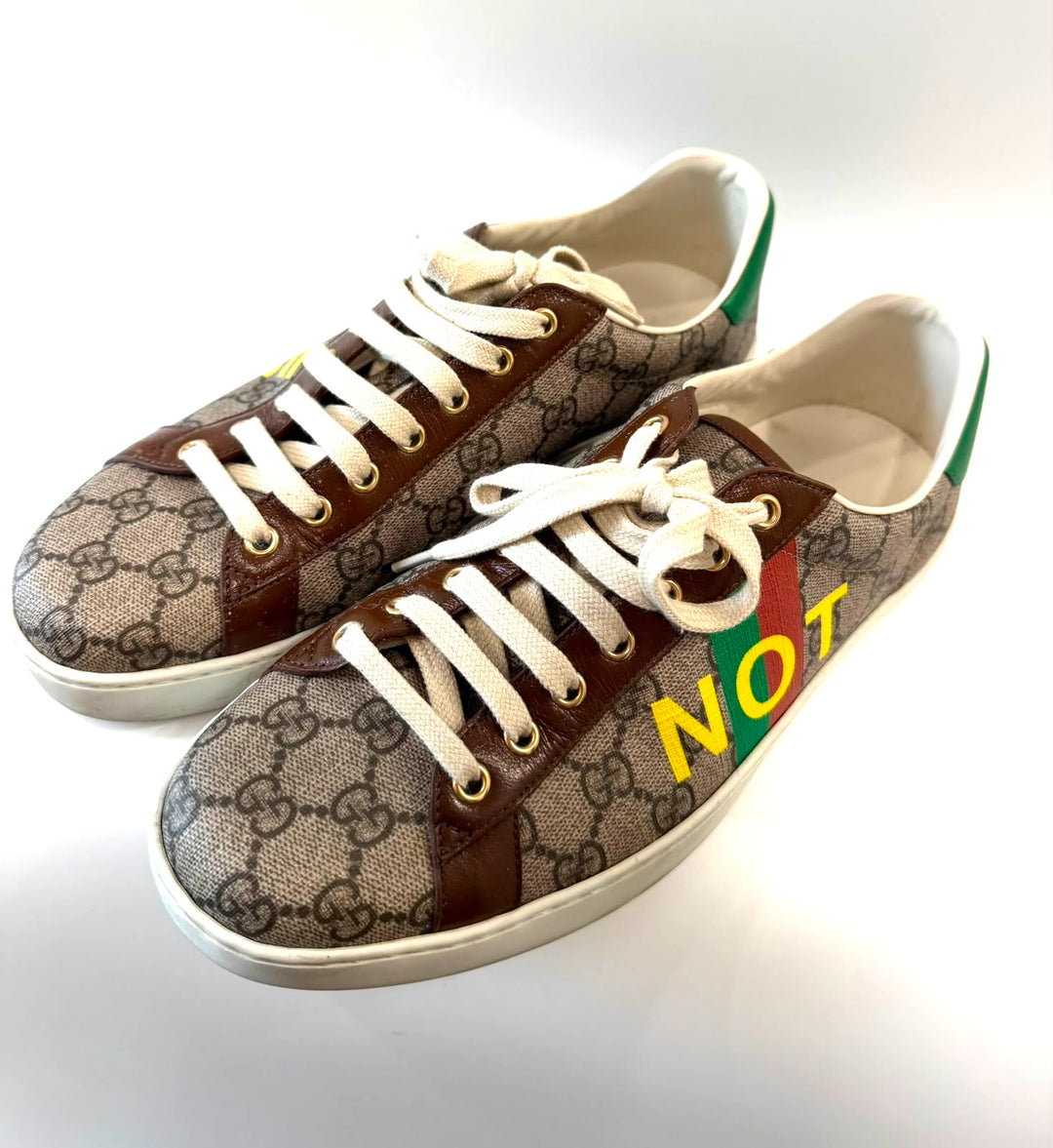 GUCCI ACE GG MONOGRAM FAKE/NOT CANVAS &amp; LEATHER SNEAKERS