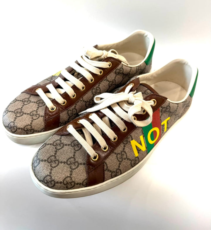 GUCCI ACE GG MONOGRAM FAKE/NOT CANVAS &amp; LEATHER SNEAKERS