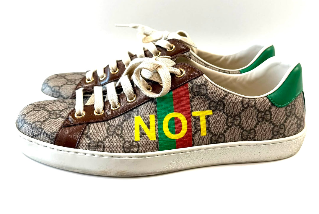 GUCCI ACE GG MONOGRAM FAKE/NOT CANVAS &amp; LEATHER SNEAKERS