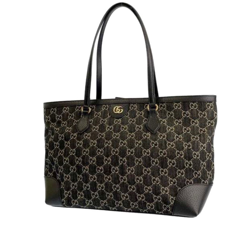 GUCCI JACQUARD GG MONOGRAM OPHIDIA MEDIUM DENIM TOTE BAG