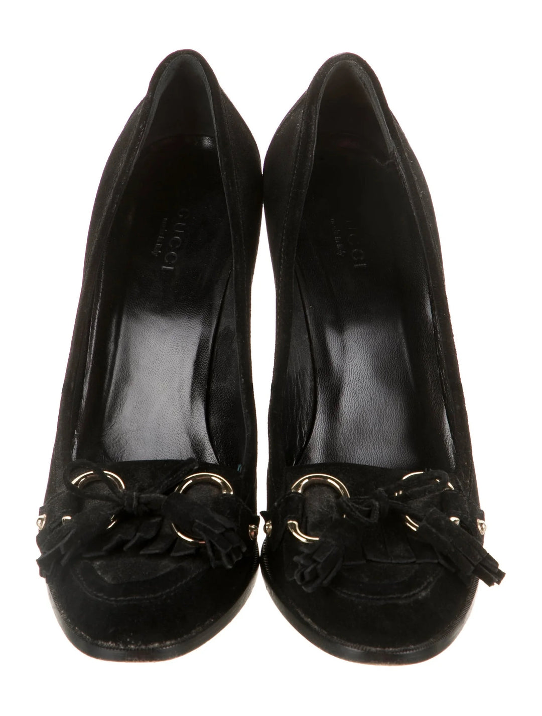 GUCCI SUEDE TASSELED FRINGE LOAFER PUMPS