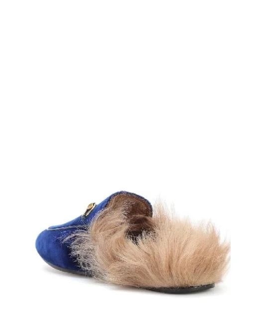 GUCCI BLUE VELVET &amp; FUR PRINCETOWN MULES