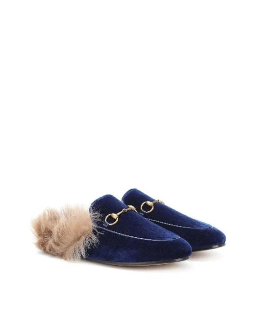 GUCCI BLUE VELVET &amp; FUR PRINCETOWN MULES