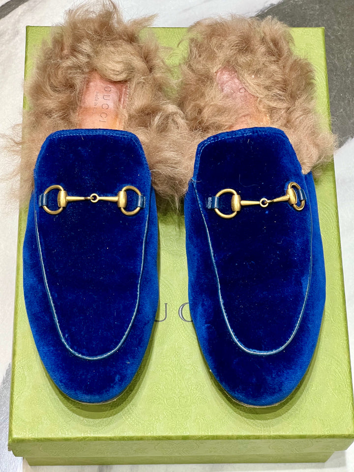 GUCCI BLUE VELVET &amp; FUR PRINCETOWN MULES