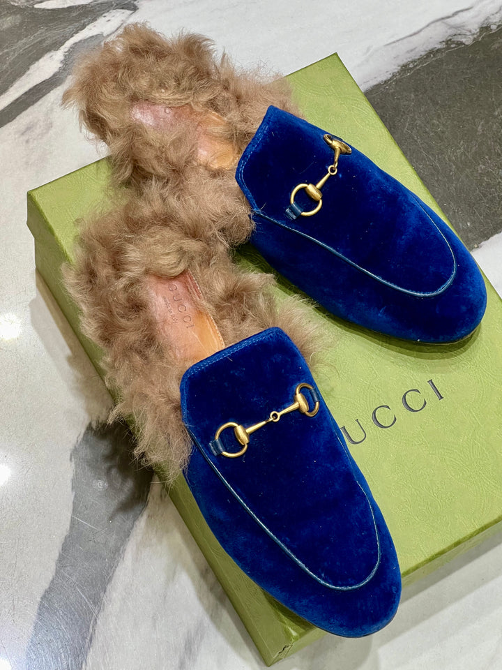 GUCCI BLUE VELVET &amp; FUR PRINCETOWN MULES