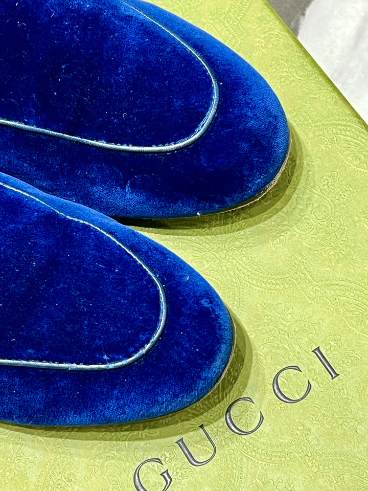 GUCCI BLUE VELVET &amp; FUR PRINCETOWN MULES