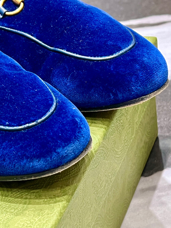GUCCI BLUE VELVET &amp; FUR PRINCETOWN MULES