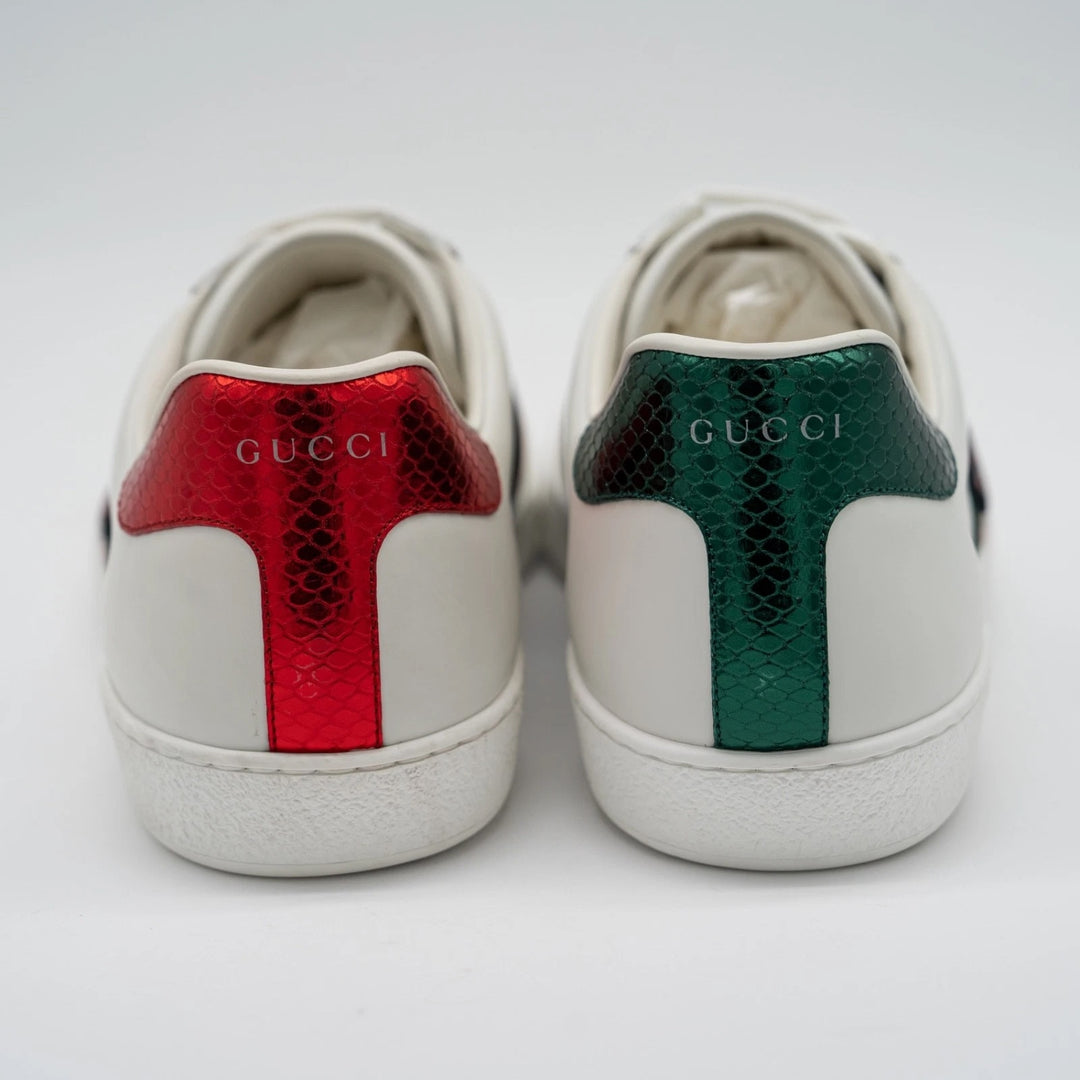 GUCCI ACE KING SNAKE EMBROIDERED CALFSKIN SNEAKERS