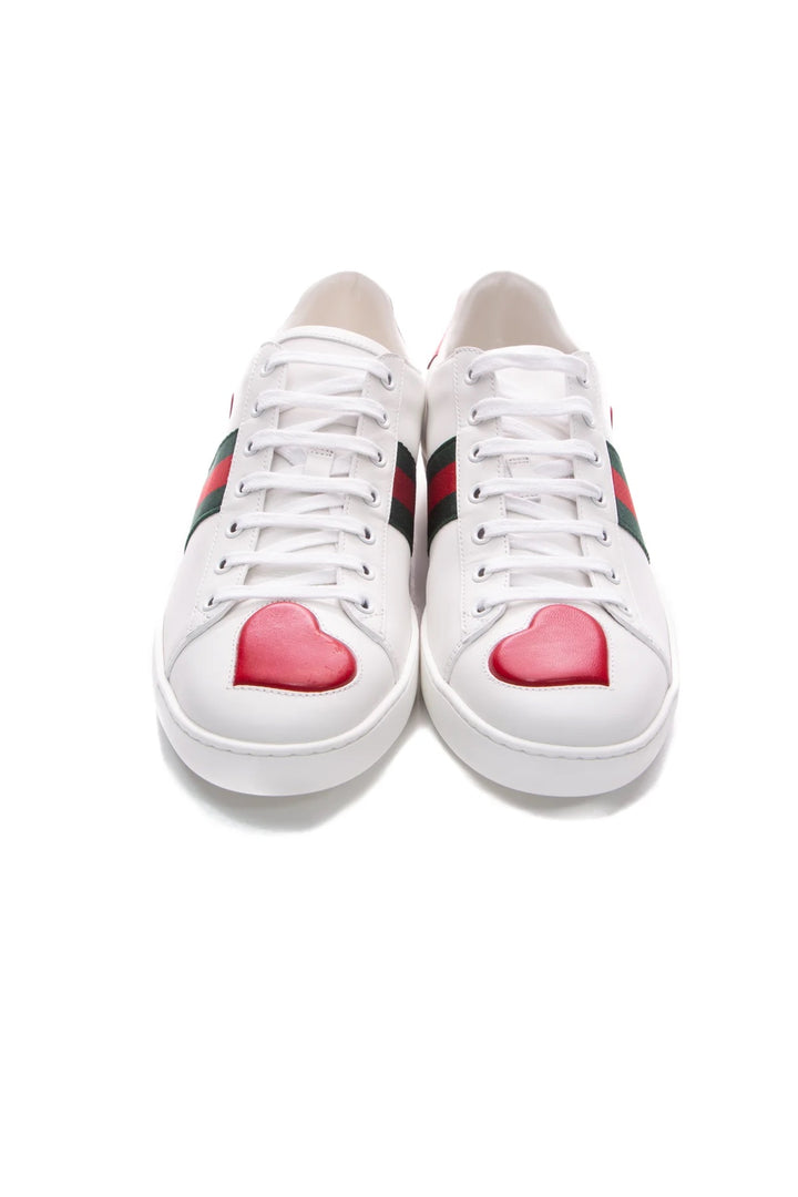 GUCCI CALFSKIN WEB HEART EMBROIDERED ACE SNEAKERS