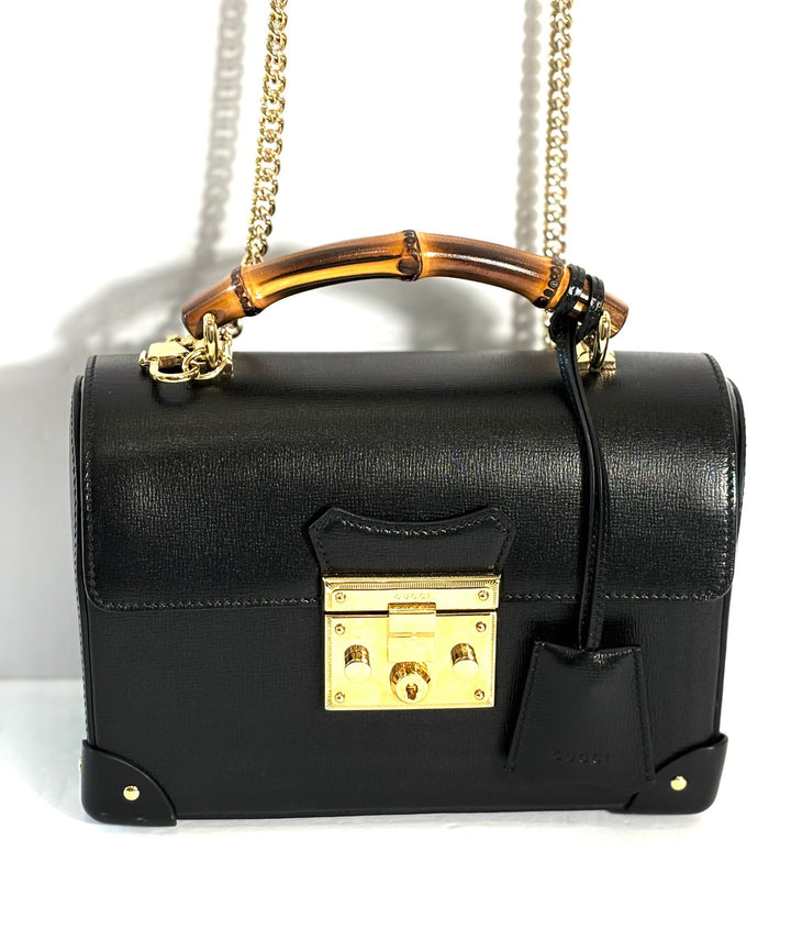 GUCCI CALFSKIN LEATHER SMALL BAMBOO PADLOCK CHAIN BAG