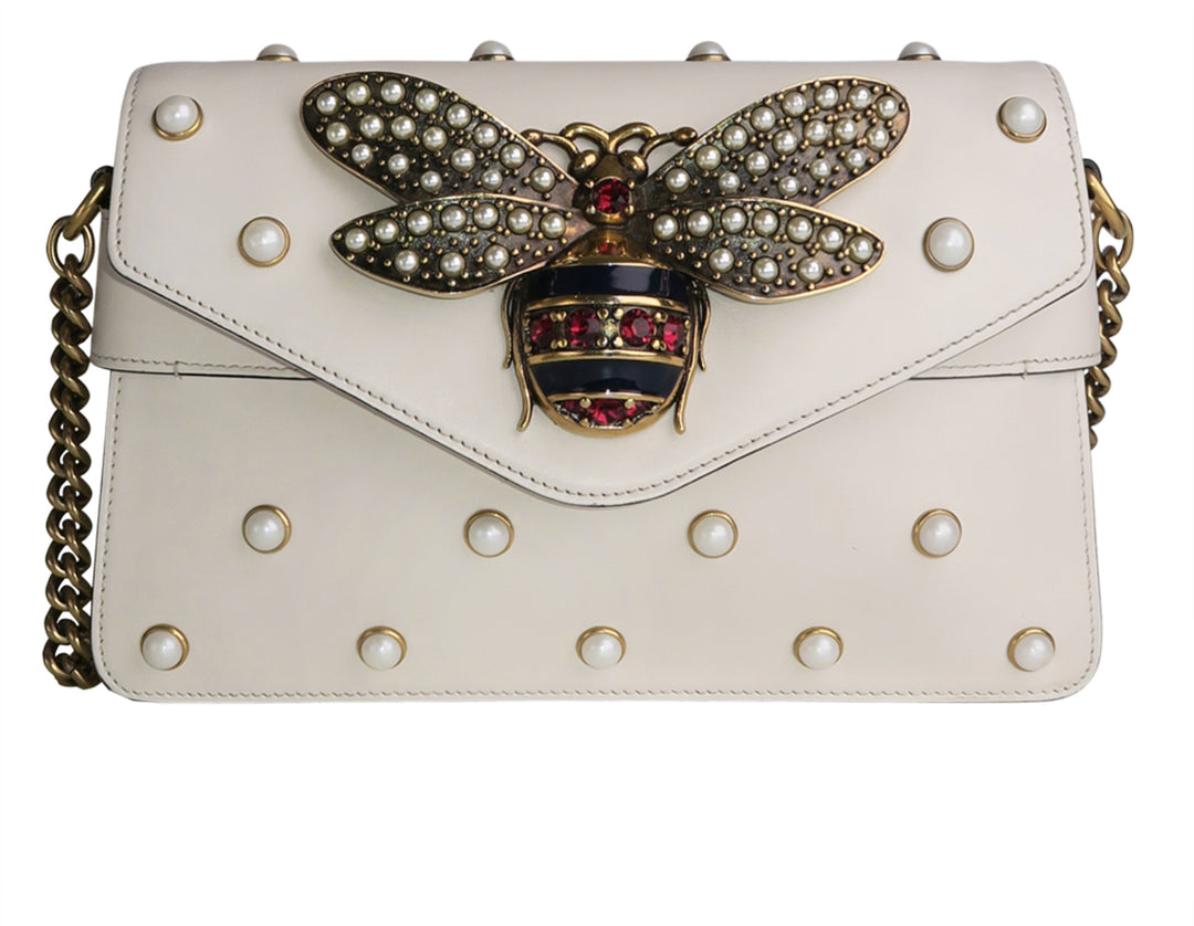 GUCCI NAPPA LEATHER STUDDED QUEEN MARGARET MINI BROADWAY BEE BAG/CLUTCH