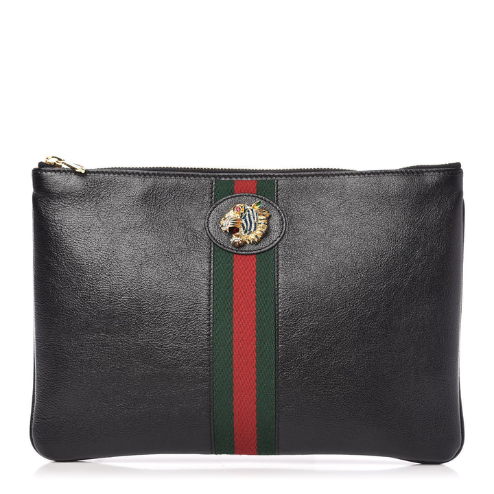 GUCCI CALFSKIN LEATHER WEB RAJAH CLUTCH BAG
