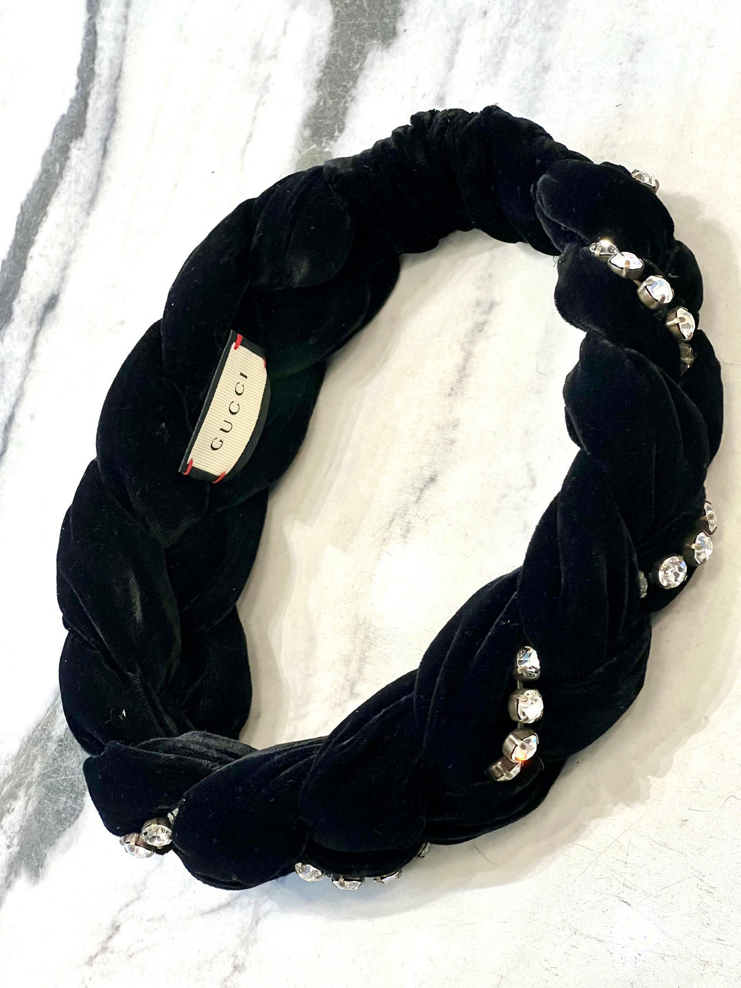 GUCCI CRYSTAL EMBELLISHED BRAIDED VELVET HEADBAND