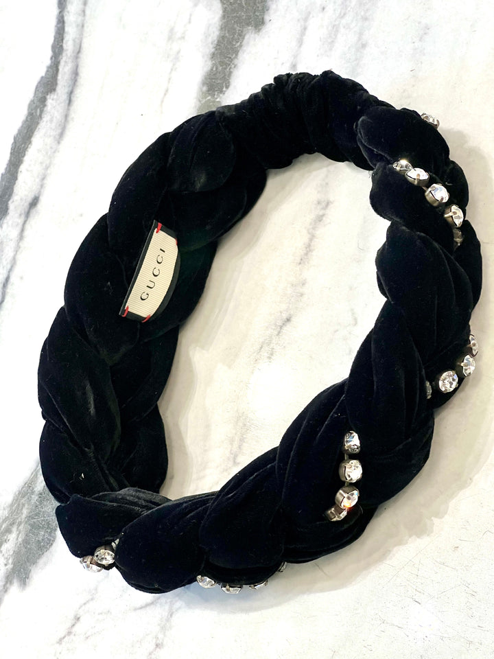 GUCCI CRYSTAL EMBELLISHED BRAIDED VELVET HEADBAND
