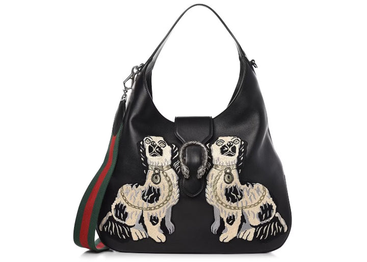 GUCCI CALFSKIN KING CHARLES SPANIEL DOGS EMBROIDERED LARGE DIONYSUS HOBO