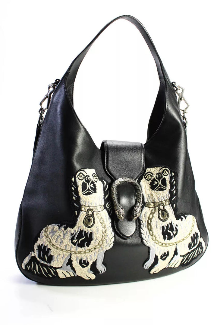 GUCCI CALFSKIN KING CHARLES SPANIEL DOGS EMBROIDERED LARGE DIONYSUS HOBO