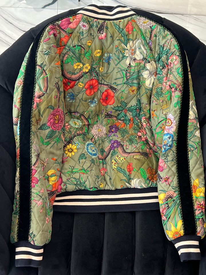 GUCCI FLORA SNAKE PRINT SILK REVERSIBLE BOMBER JACKET