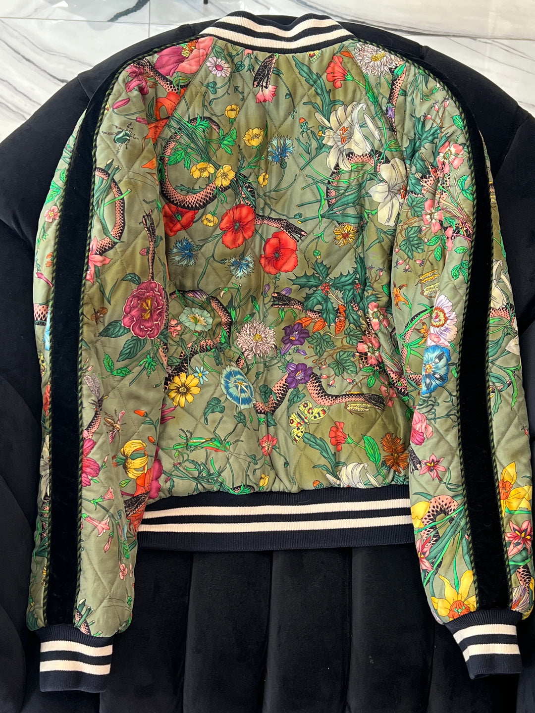 GUCCI FLORA SNAKE PRINT SILK REVERSIBLE BOMBER JACKET – Caroline's
