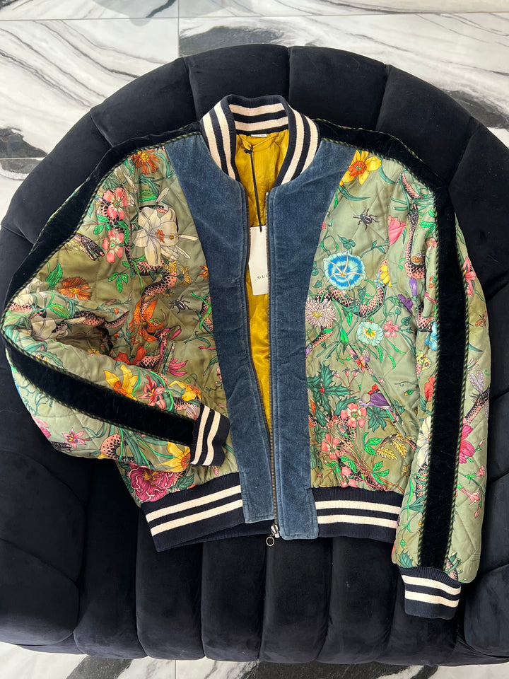 GUCCI FLORA SNAKE PRINT SILK REVERSIBLE BOMBER JACKET – Caroline's