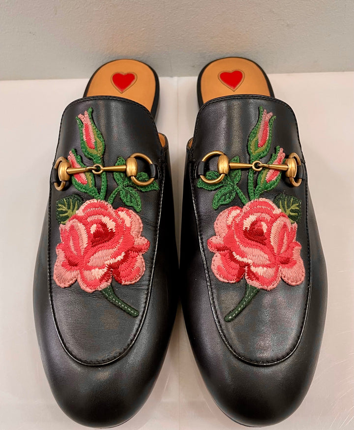 GUCCI FLORAL EMBROIDERED CALFSKIN PRINCETOWN HORSEBIT MULES