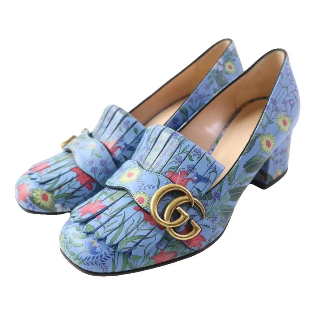 GUCCI フラワー装飾 ミュール ベージュ・パープル GUCCI GG MARMONT CALFSKIN FLORA FRINGE BLOCK HEEL PUMPS