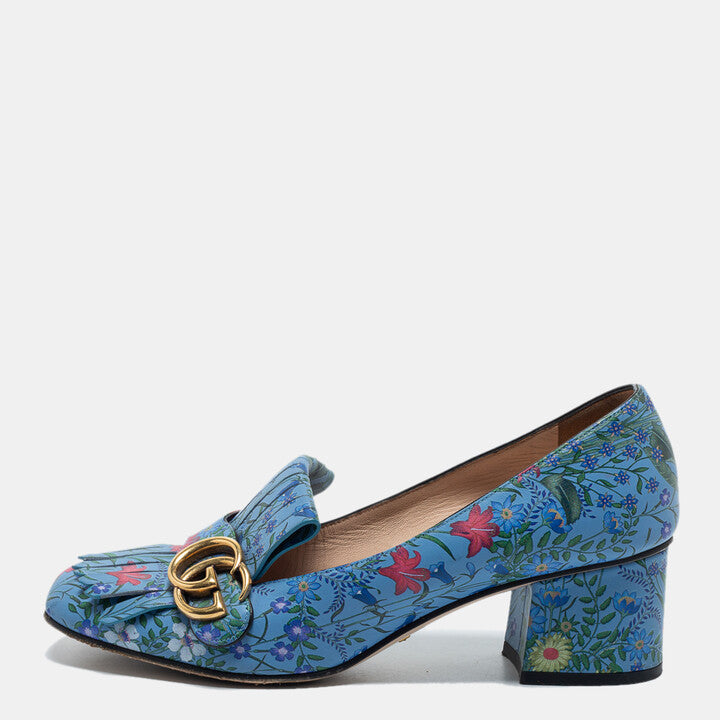 GUCCI GG MARMONT CALFSKIN FLORA FRINGE BLOCK HEEL PUMPS