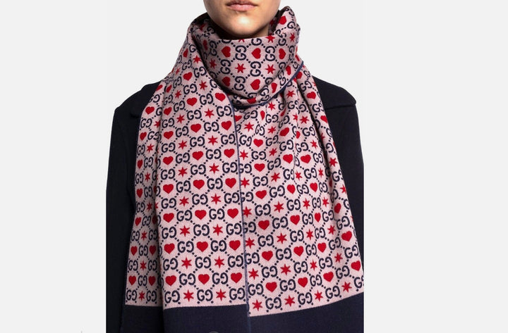 GUCCI GG HEARTS &amp; STARS WOOL SILK SCARF