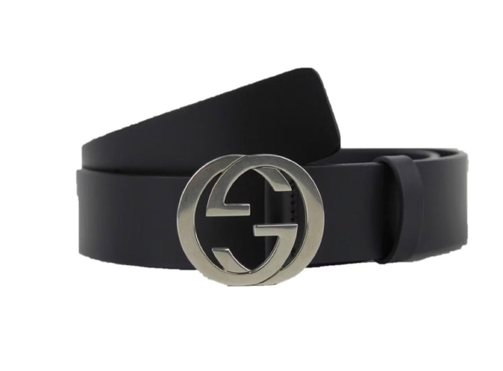 GUCCI INTERLOCKING G PALLADIUM BUCKLE LEATHER BELT