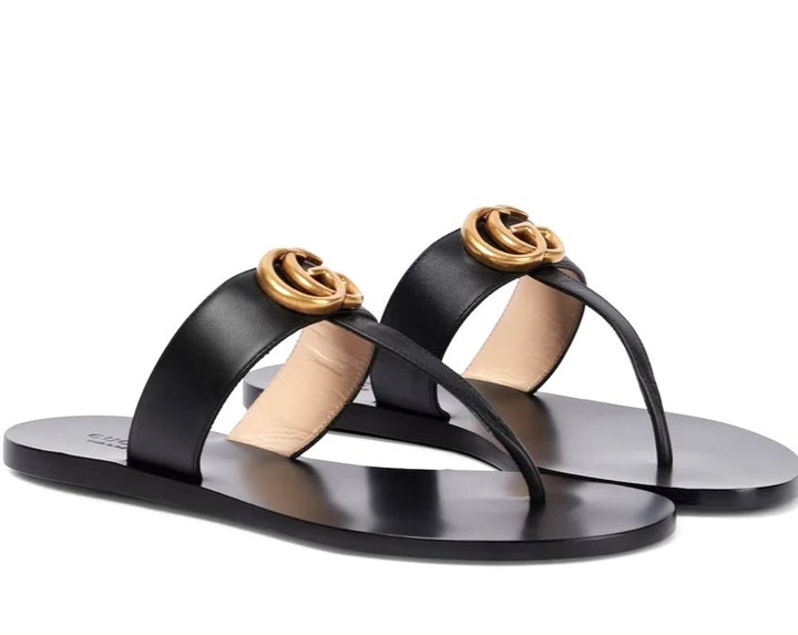 GUCCI GG MARMONT T-STRAP CALFSKIN LEATHER FLAT SLIDE SANDALS