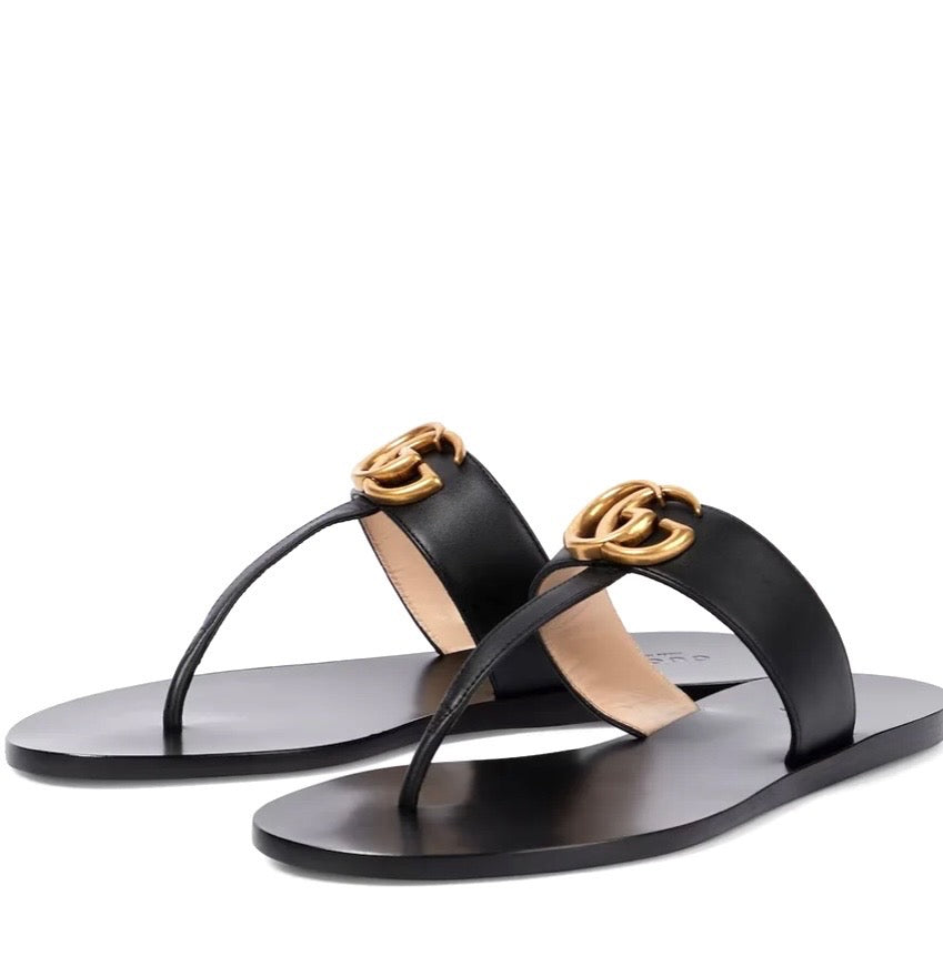 GUCCI GG MARMONT T-STRAP CALFSKIN LEATHER FLAT SLIDE SANDALS