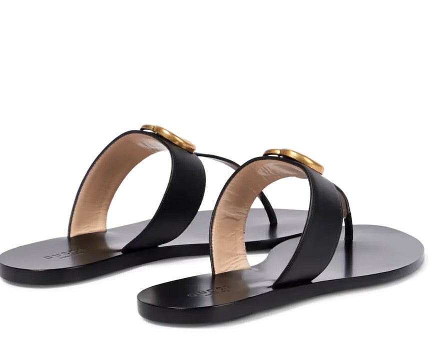 GUCCI GG MARMONT T-STRAP CALFSKIN LEATHER FLAT SLIDE SANDALS