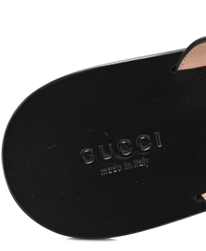 GUCCI GG MARMONT T-STRAP CALFSKIN LEATHER FLAT SLIDE SANDALS