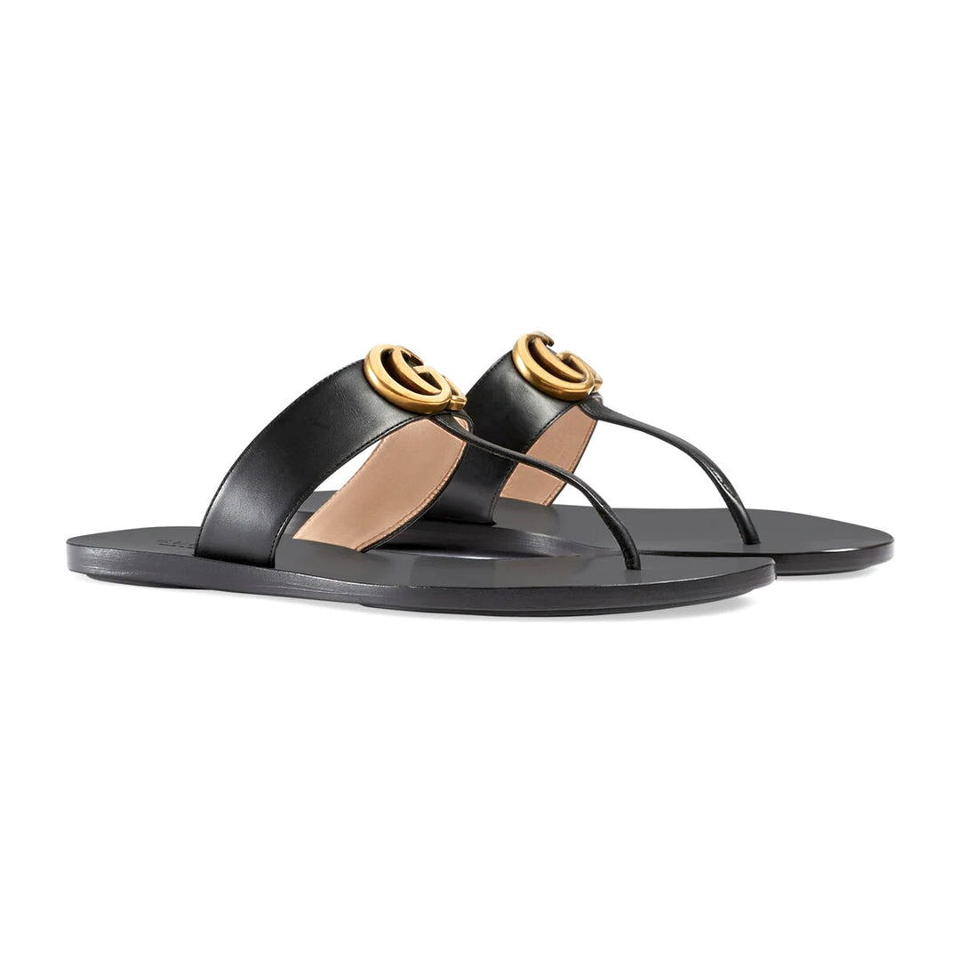 GUCCI GG MARMONT T-STRAP CALFSKIN LEATHER FLAT SLIDE SANDALS