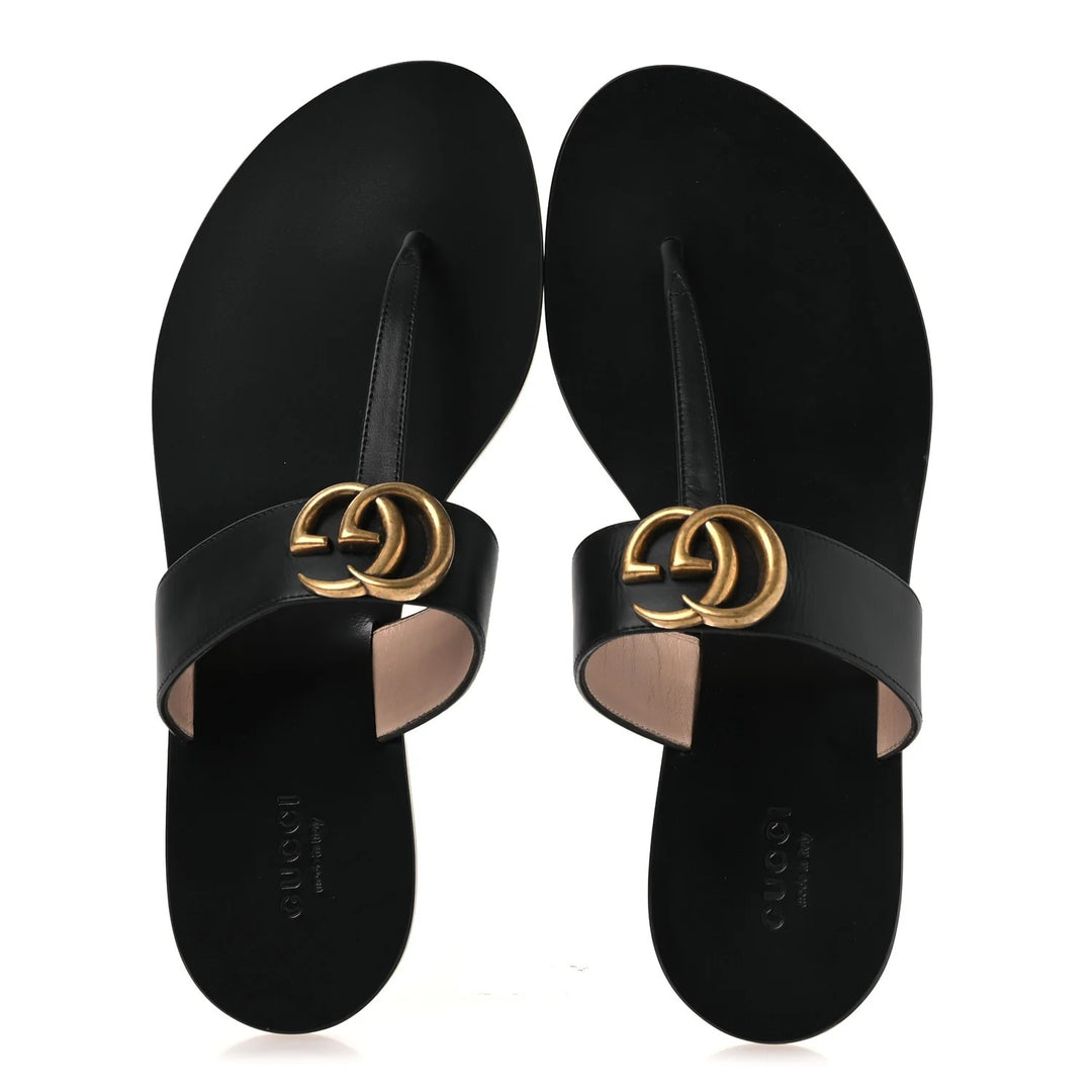 GUCCI GG MARMONT T-STRAP CALFSKIN LEATHER FLAT SLIDE SANDALS